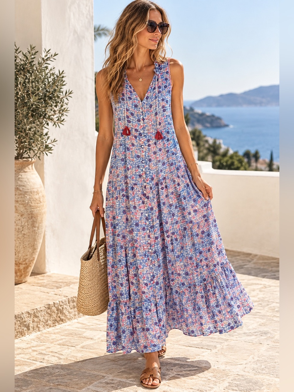Poupette St. Barths Blue & Pink Clara Maxi Dress size XS